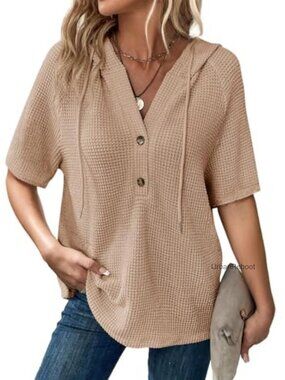 Waffle Knit Short Sleeve Drawstring Hoodie V Neck Button Front Blouse